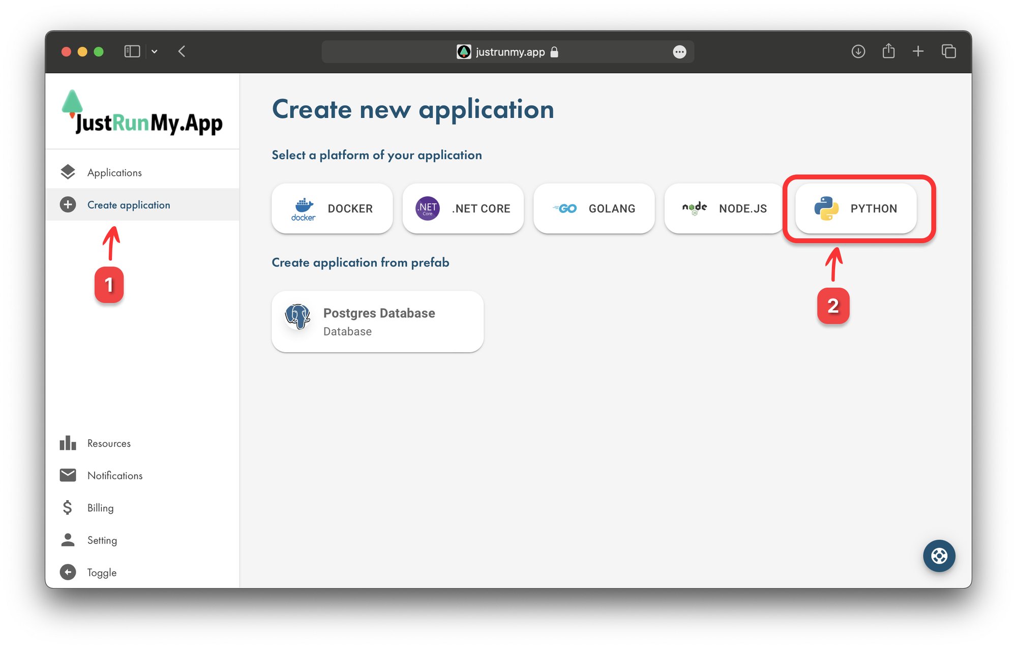 Create app step 1 instruction