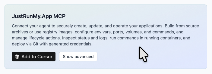 'Add to Cursor' button in JustRunMy.App dashboard