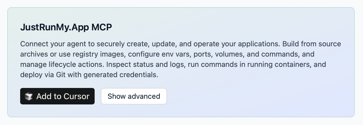 "Add to Cursor" button in JustRunMy.App dashboard